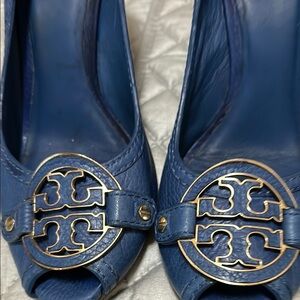 Tory Burch Blue Peep-Toe Women's Wedges style # 11128600